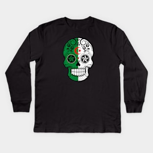 Algerian Flag Sugar Skull with Roses Kids Long Sleeve T-Shirt